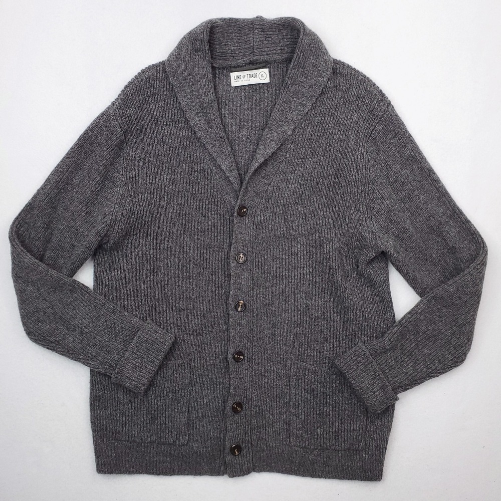 Line of Trade Sweater Mens XL Gray Shetland Wool Shawl Collar Fisherman Cardigan